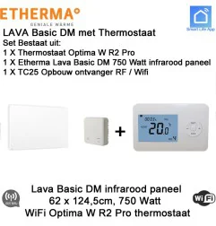 Etherma Lava Basic DM 750 Watt infrarood paneel 124,5 x 62 cm, Optima W R2 Pro thermostaat met opbouw ontvanger
