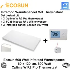 Ecosun Infrarood Paneel 600 Watt 120 x 60 cm, Optima W R2 Pro thermostaat met inbouw ontvanger|Infraroodverwarmingonline