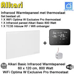 Alkari Basic infrarood paneel 800 Watt, 60 x 120 cm, Optima W Exclusive Pro thermostaat met inbouw ontvanger|Infraroodverwarmingonline