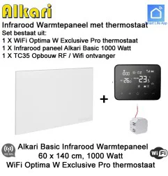 Alkari Basic infrarood paneel 1000 Watt, 60 x 140 cm, Optima W Exclusive Pro thermostaat met inbouw ontvanger|Infraroodverwarmingonline