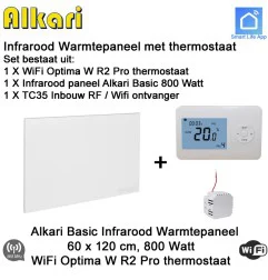 Alkari Basic infrarood paneel 800 Watt, 60 x 120 cm, Optima W R2 Pro thermostaat met inbouw ontvanger