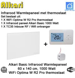 Alkari Basic infrarood paneel 1000 Watt, 140 x 60 cm, Optima W R2 Pro thermostaat met inbouw ontvanger|Infraroodverwarmingonline