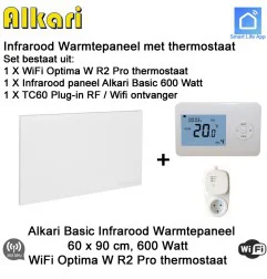 Alkari Basic infrarood paneel 600 Watt, 60 x 90 cm, Optima W R2 Pro thermostaat met plugin ontvanger|Infraroodverwarmingonline