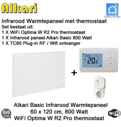 Alkari Basic infrarood paneel 800 Watt, 60 x 90 cm, Optima W R2 Pro thermostaat met plugin ontvanger