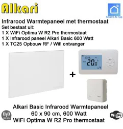 Alkari Basic infrarood paneel 600 Watt, 60 x 90 cm, Optima W R2 Pro thermostaat met opbouw ontvanger