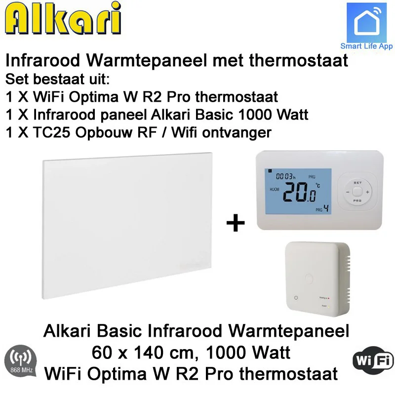 Alkari Basic infrarood paneel 1000 Watt, 140 x 60 cm, Optima W R2 Pro thermostaat met opbouw ontvanger