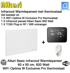 Alkari Basic infrarood paneel 600 Watt, 60 x 90 cm, Optima W Exclusive Pro thermostaat met plugin ontvanger