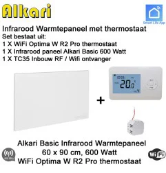 Alkari Basic infrarood paneel 600 Watt, 60 x 90 cm, Optima W R2 Pro thermostaat met inbouw ontvanger|Infraroodverwarmingonline