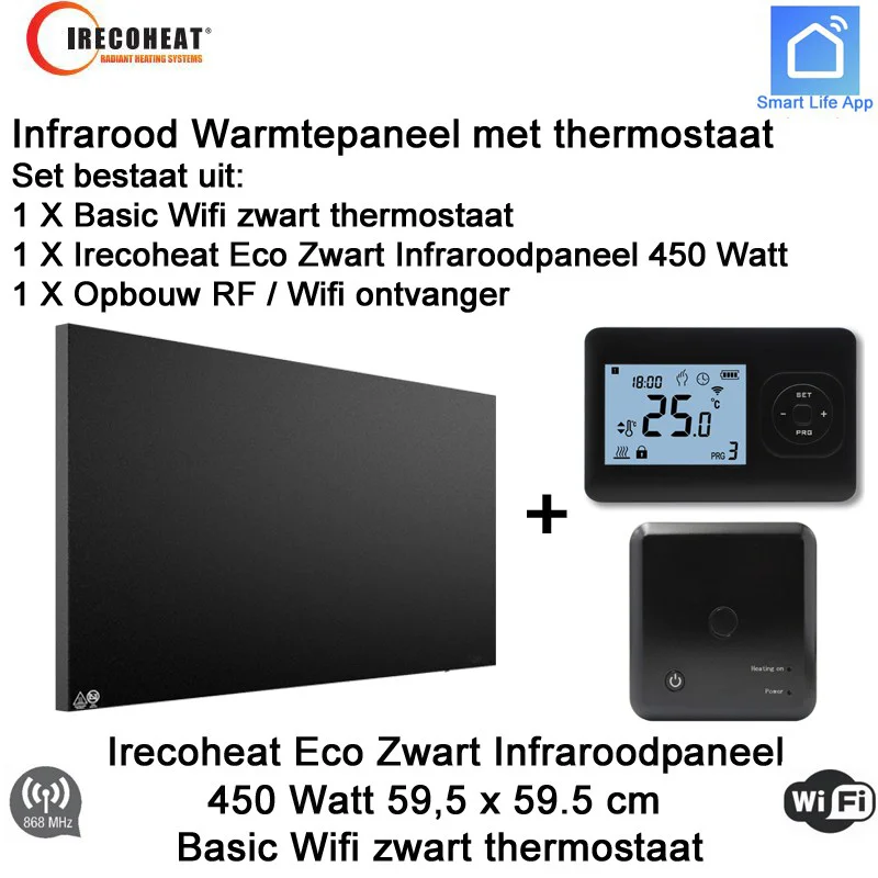 Irecoheat Eco 450 Watt zwart infraroodpaneel met Basic zwart wifi thermostaat