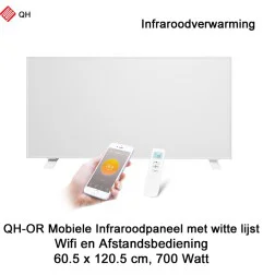 QH-OR Mobiel Infrarood paneel 700W met witte lijst, 60,5 x 120,5 cm