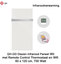 QH-GD Wit glazen infraroodpaneel 700Watt, 60 x 120 cm, met 1 handdoekbeugel