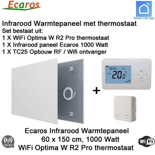 Ecaros Infrarood paneel 1000 Watt 60 x 150 cm met Optima W R2 Pro thermostaat en ontvanger