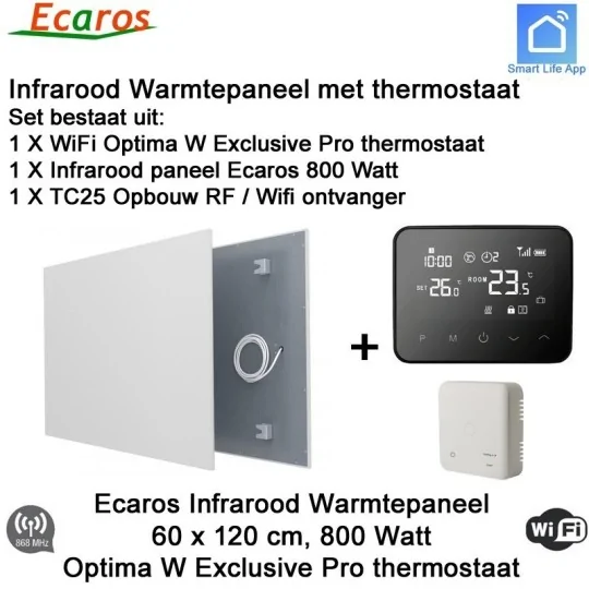 Ecaros Infrarood paneel 800 Watt 60 x 120 cm, met Optima W Exclusive Pro thermostaat en ontvanger