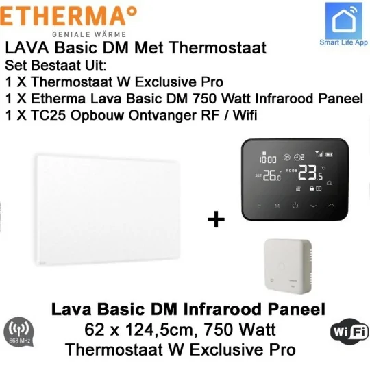 Etherma Lava Design Basic DM 750 Watt infrarood paneel 124,5 x 62 cm, met Optima W Exclusive Pro thermostaat