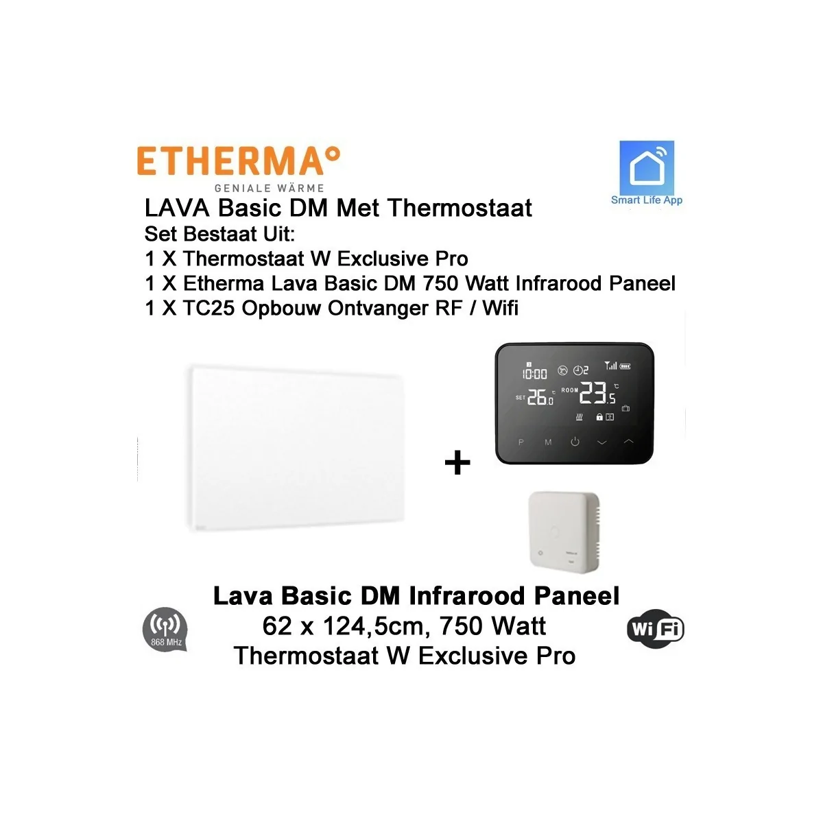 Etherma Lava Design Basic DM 750 Watt infrarood paneel 124,5 x 62 cm, met Optima W Exclusive Pro thermostaat