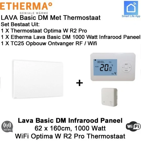 Etherma Lava Basic DM 1000 Watt infrarood paneel 160 x 62 cm, met Optima W R2 Pro thermostaat en ontvanger