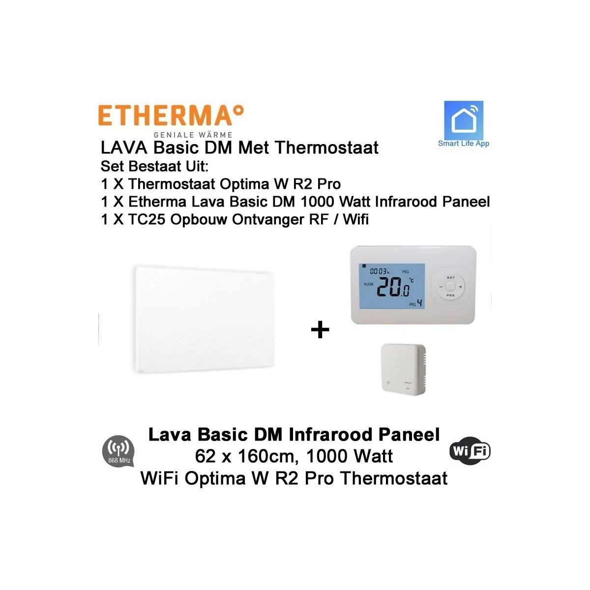 Etherma Lava Basic DM 1000 Watt infrarood paneel 160 x 62 cm, met Optima W R2 Pro thermostaat en ontvanger