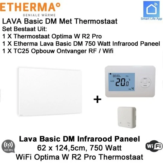 Etherma Lava Basic DM 750 Watt infrarood paneel 124,5 x 62 cm, met Optima W R2 Pro thermostaat en ontvanger