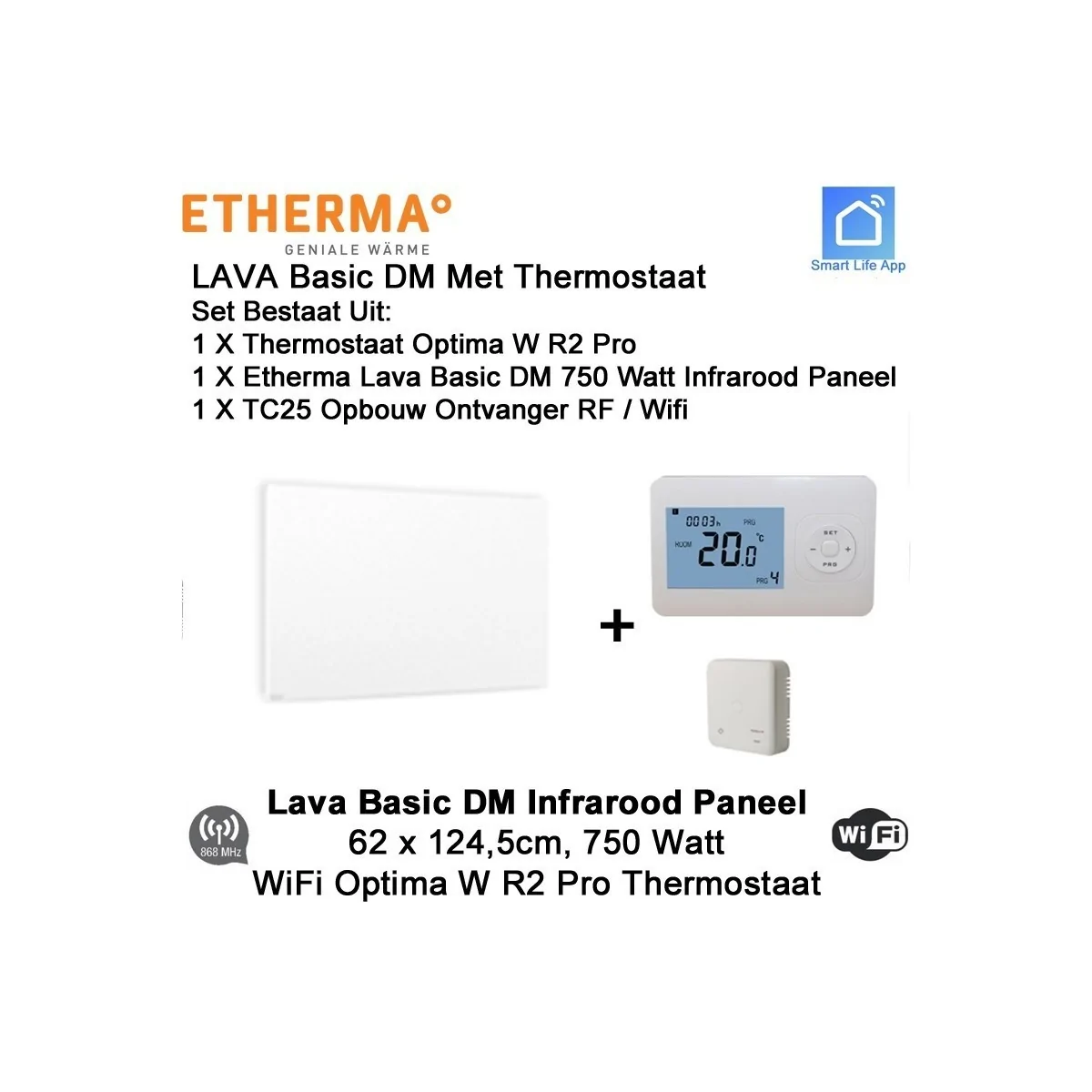 Etherma Lava Basic DM 750 Watt infrarood paneel 124,5 x 62 cm, met Optima W R2 Pro thermostaat en ontvanger