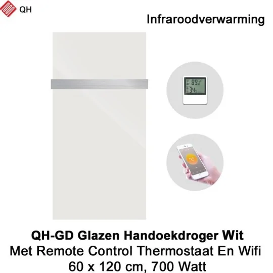 QH-GD Wit glazen infraroodpaneel 700Watt, 60 x 120 cm, met 1 handdoekbeugel
