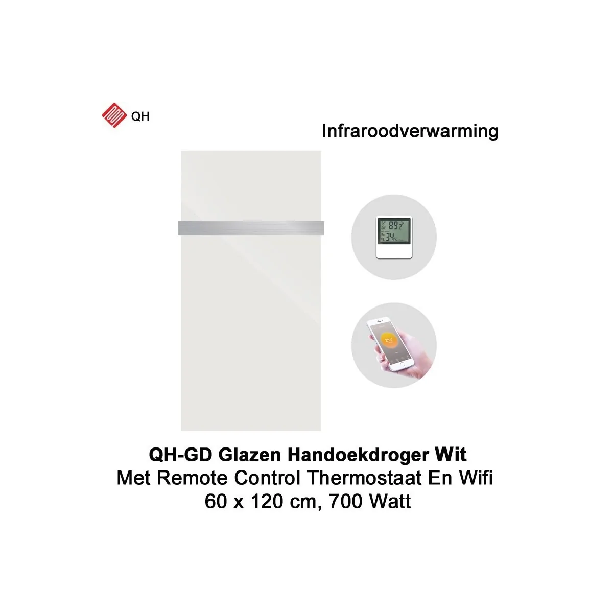 QH-GD Wit glazen infraroodpaneel 700Watt, 60 x 120 cm, met 1 handdoekbeugel