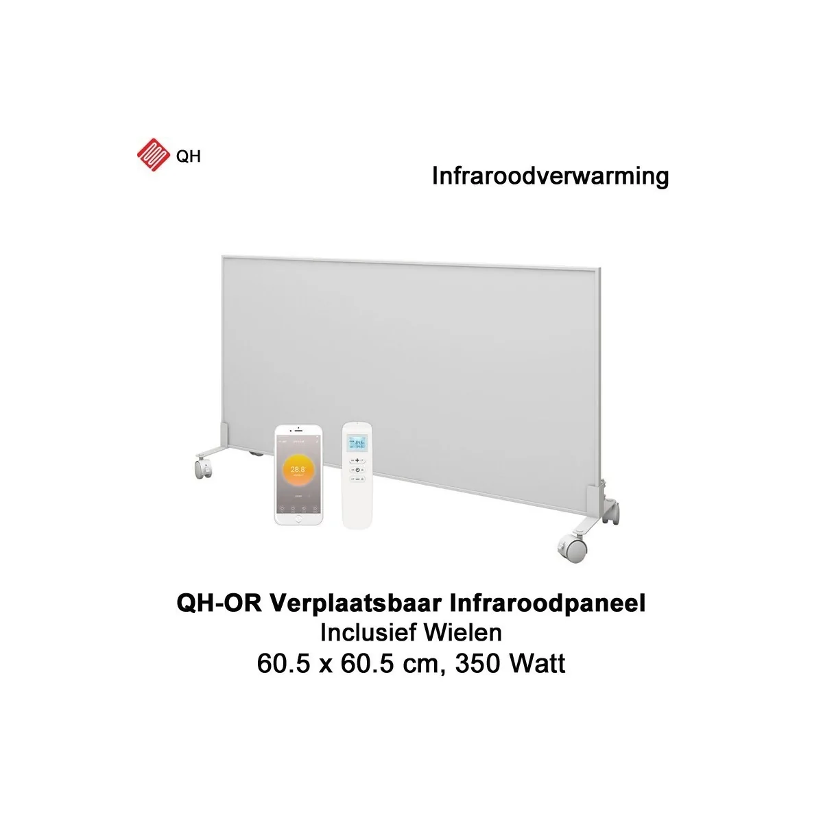 QH-OR Mobiel Infrarood paneel 350W met wieltjes, 60,5 x 60,5 cm