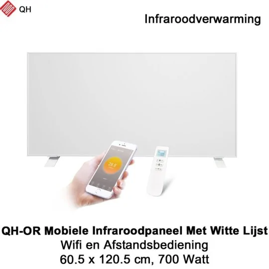 QH-OR Mobiel Infrarood paneel 700W met witte lijst, 60,5 x 120,5 cm