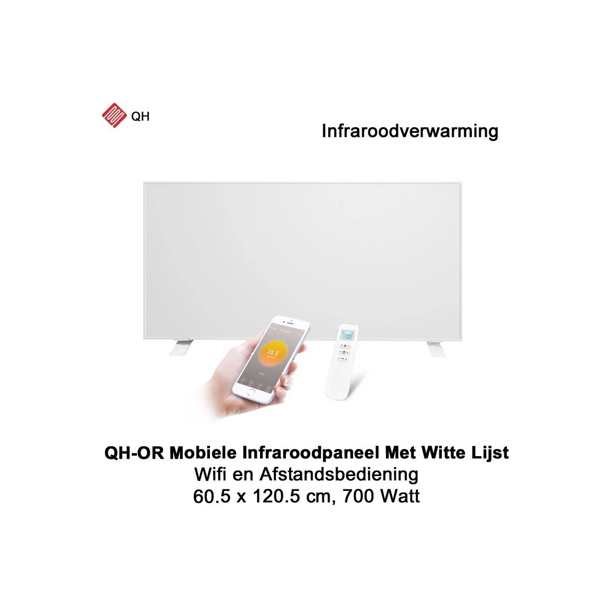 QH-OR Mobiel Infrarood paneel 700W met witte lijst, 60,5 x 120,5 cm