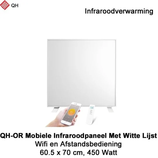 QH-OR Mobiel Infrarood paneel 450W met witte lijst, 60,5 x 70 cm