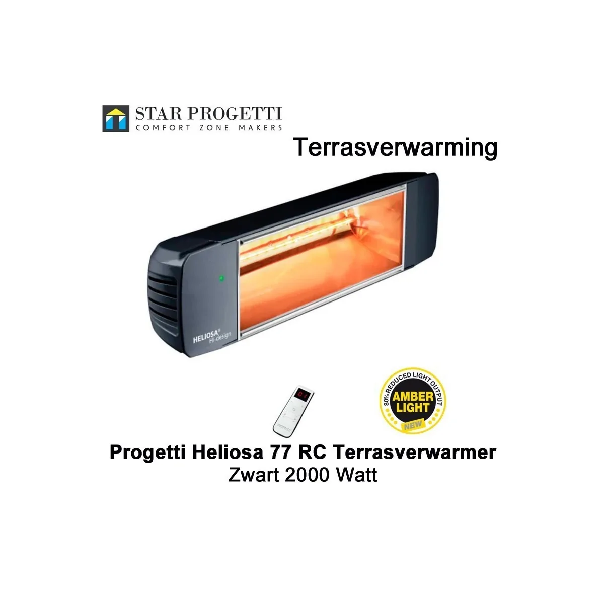 Progetti Heliosa 77 RC Zwart Terrasverwarmer 2000 Watt met dimmer en afstandsbediening