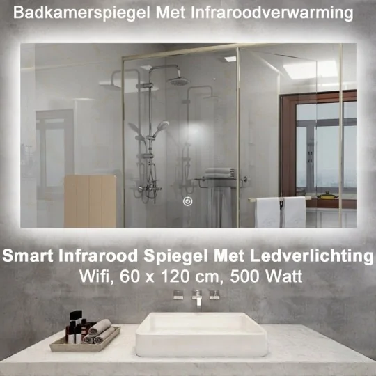 QH Smart Spiegel infraroodverwarming met LED verlichting en Wifi, 60 x 120 cm 500 Watt