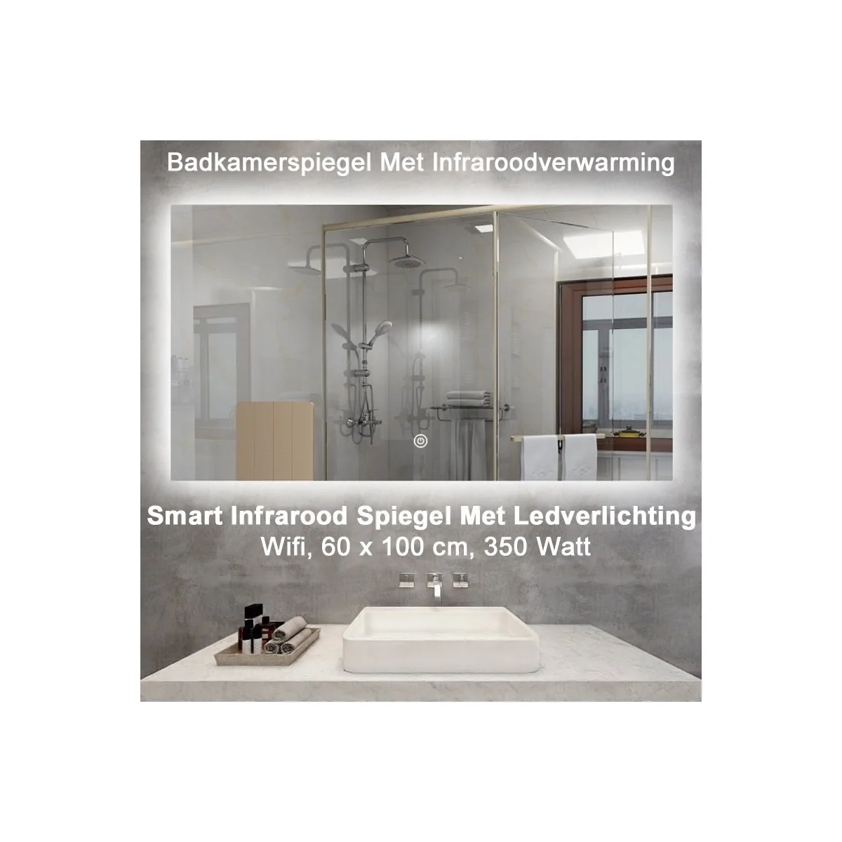 QH Smart Spiegel infraroodverwarming met LED verlichting en Wifi, 60 x 100 cm 350 Watt