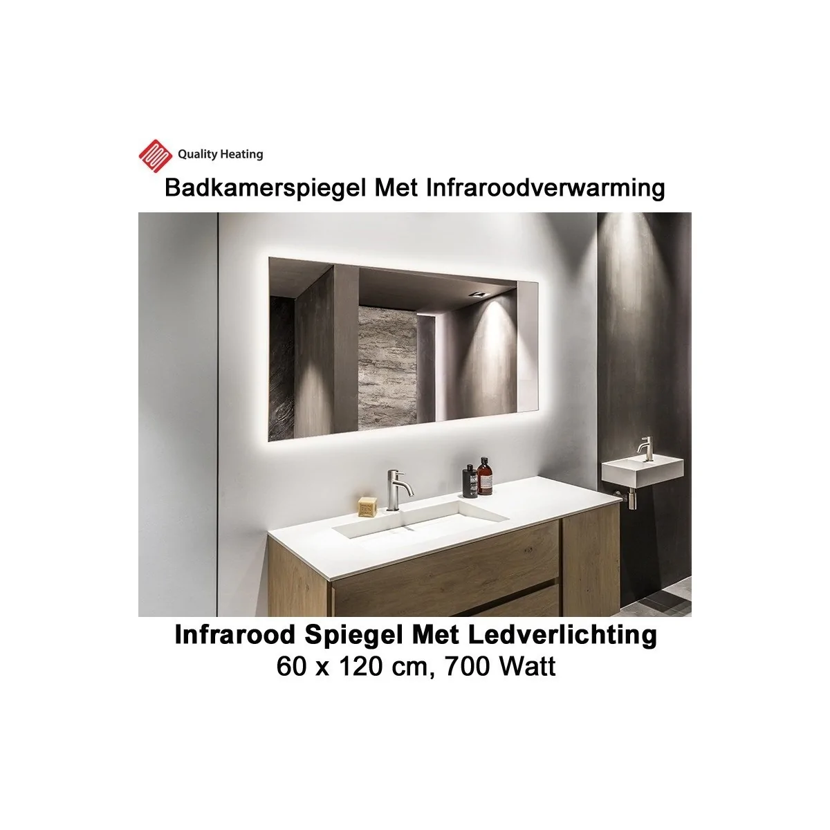 QH Spiegel infraroodverwarming met LED verlichting. 60 x 120 cm 700 Watt