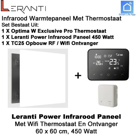 Leranti Power 450 Watt infrarood paneel met Optima W Exclusive wifi thermostaat en ontvanger