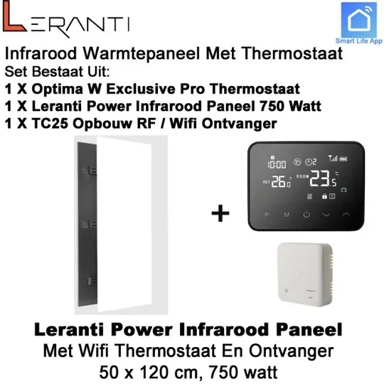 Leranti Power 750 Watt infrarood paneel met Optima W Exclusive wifi thermostaat en ontvanger
