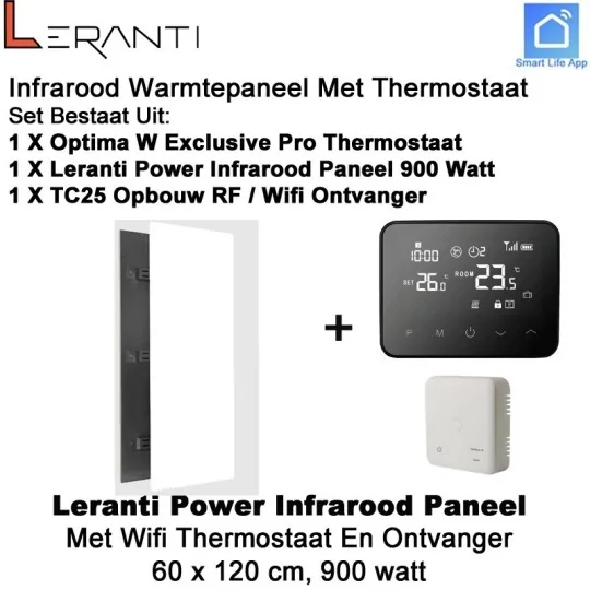 Leranti Power 900 Watt infrarood paneel met Optima W Exclusive wifi thermostaat en ontvanger