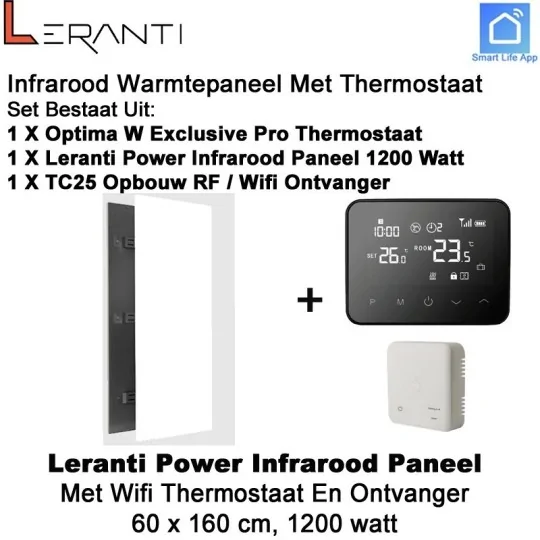 Leranti Power 1200 Watt infrarood paneel met Optima W Exclusive wifi thermostaat en ontvanger