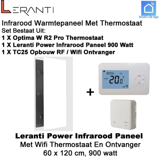 Leranti Power 900 Watt infrarood paneel met Optima W R2 Pro wifi thermostaat en ontvanger