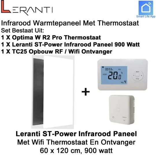 Leranti ST Power 900 Watt infrarood paneel met Optima W R2 Pro wifi thermostaat en ontvanger