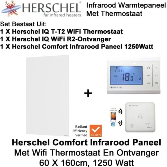 Herschel Comfort infrarood paneel 1250 Watt, 60 x 160 cm met thermostaat