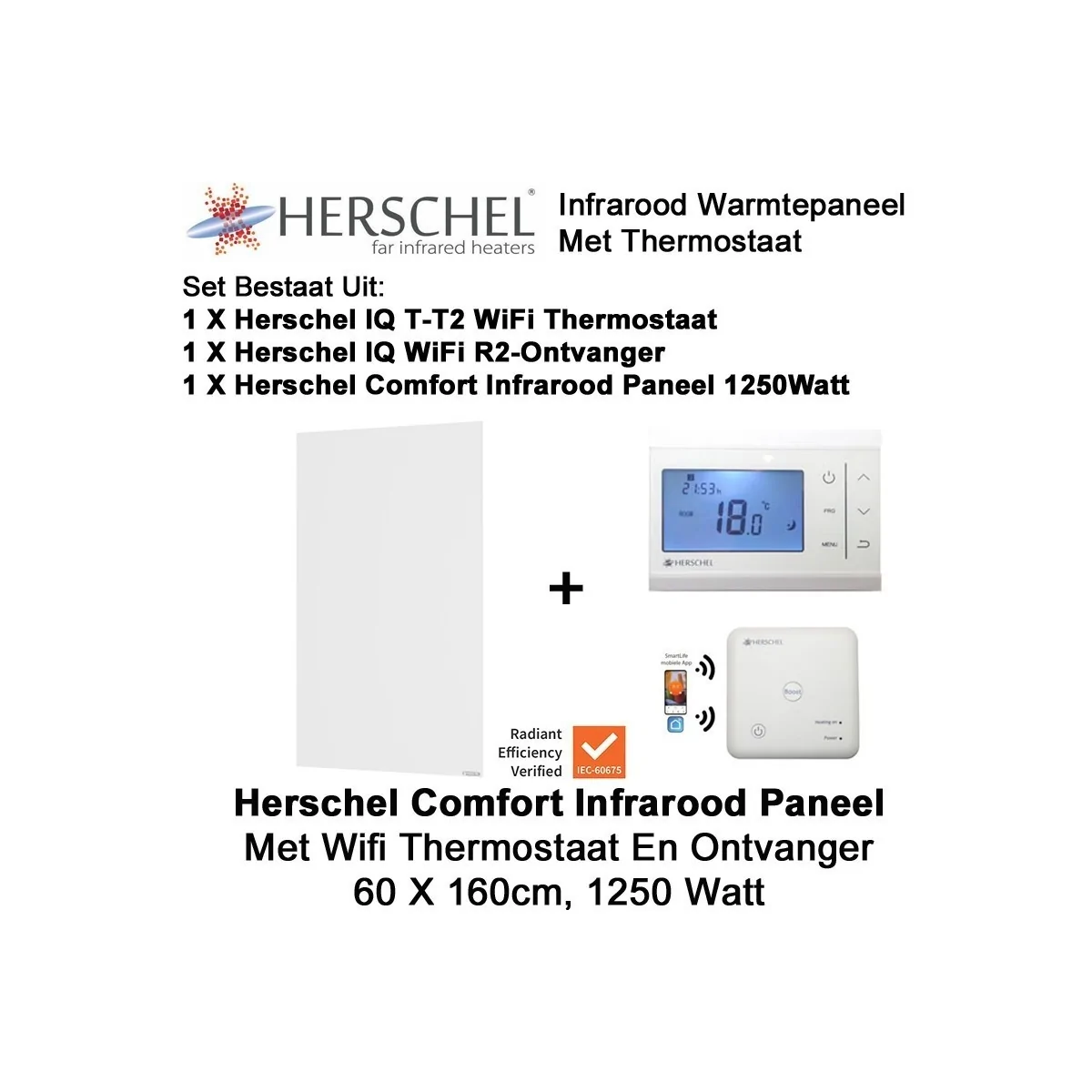 Herschel Comfort infrarood paneel 1250 Watt, 60 x 160 cm met thermostaat