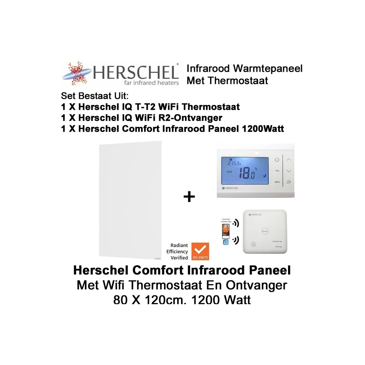 Herschel Comfort infrarood paneel 1200 Watt, 80 x 120 cm met thermostaat