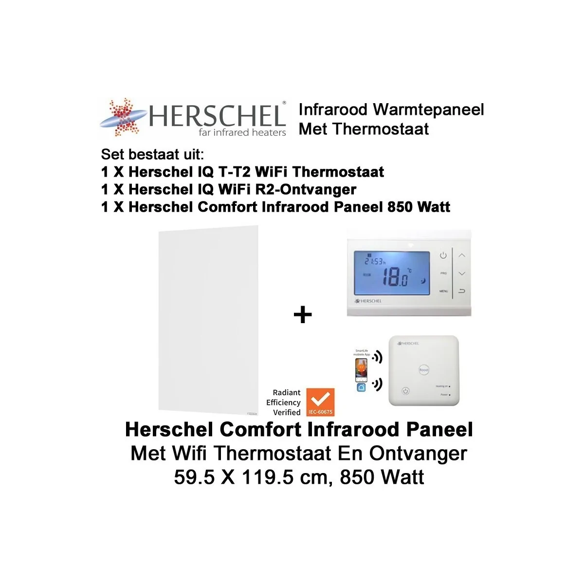 Herschel Comfort infrarood paneel 850 Watt, 59,5 x 119,5 cm met thermostaat
