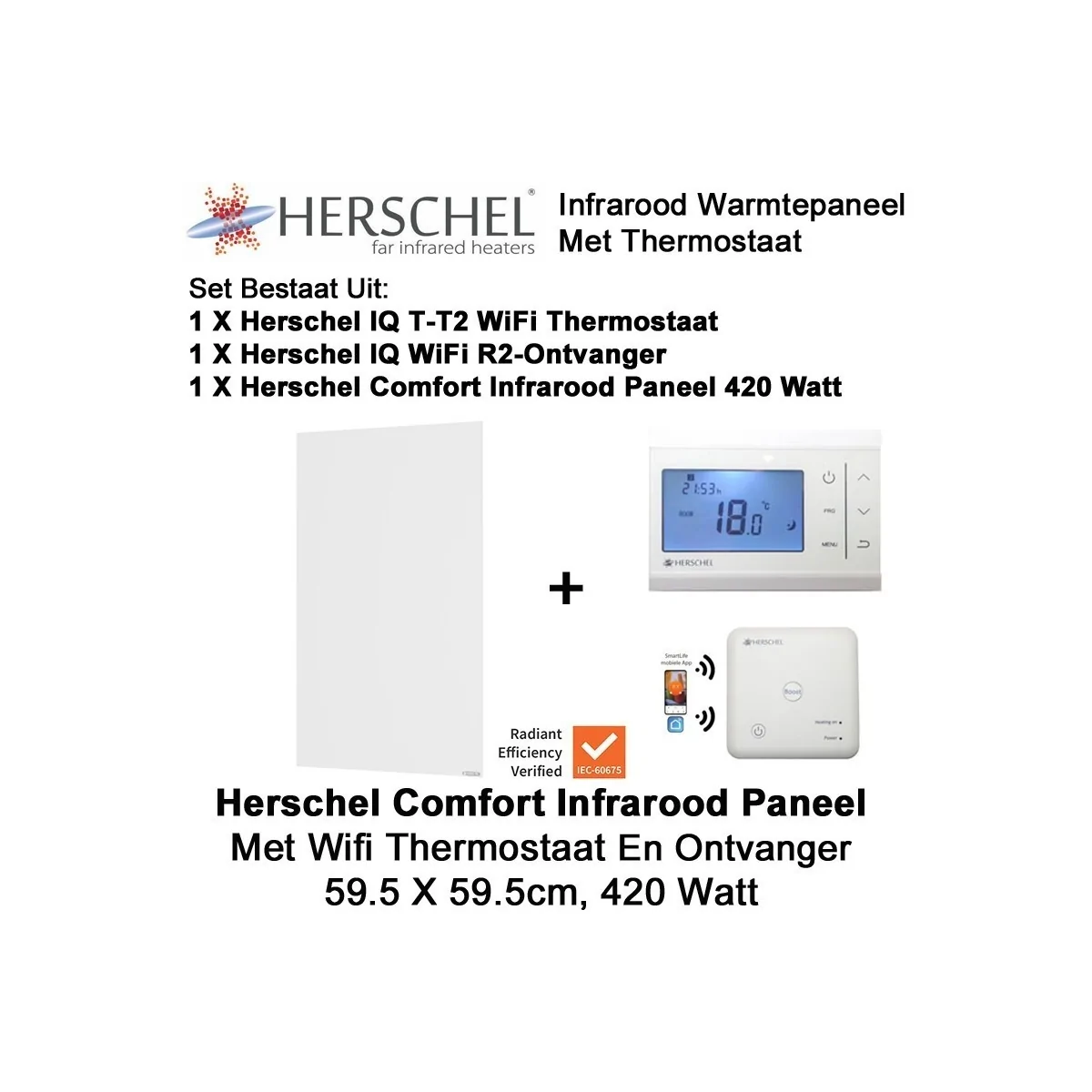 Herschel Comfort infrarood paneel, 420 Watt, 59,5 x 59,5 cm met thermostaat