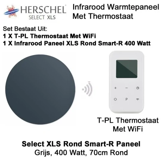 Herschel Select XLS Rond Infrarood Paneel Grijs, 400 Watt, 70 cm rond, met T-PL thermostaat