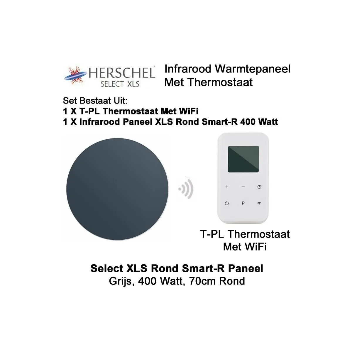 Herschel Select XLS Rond Infrarood Paneel Grijs, 400 Watt, 70 cm rond, met T-PL thermostaat