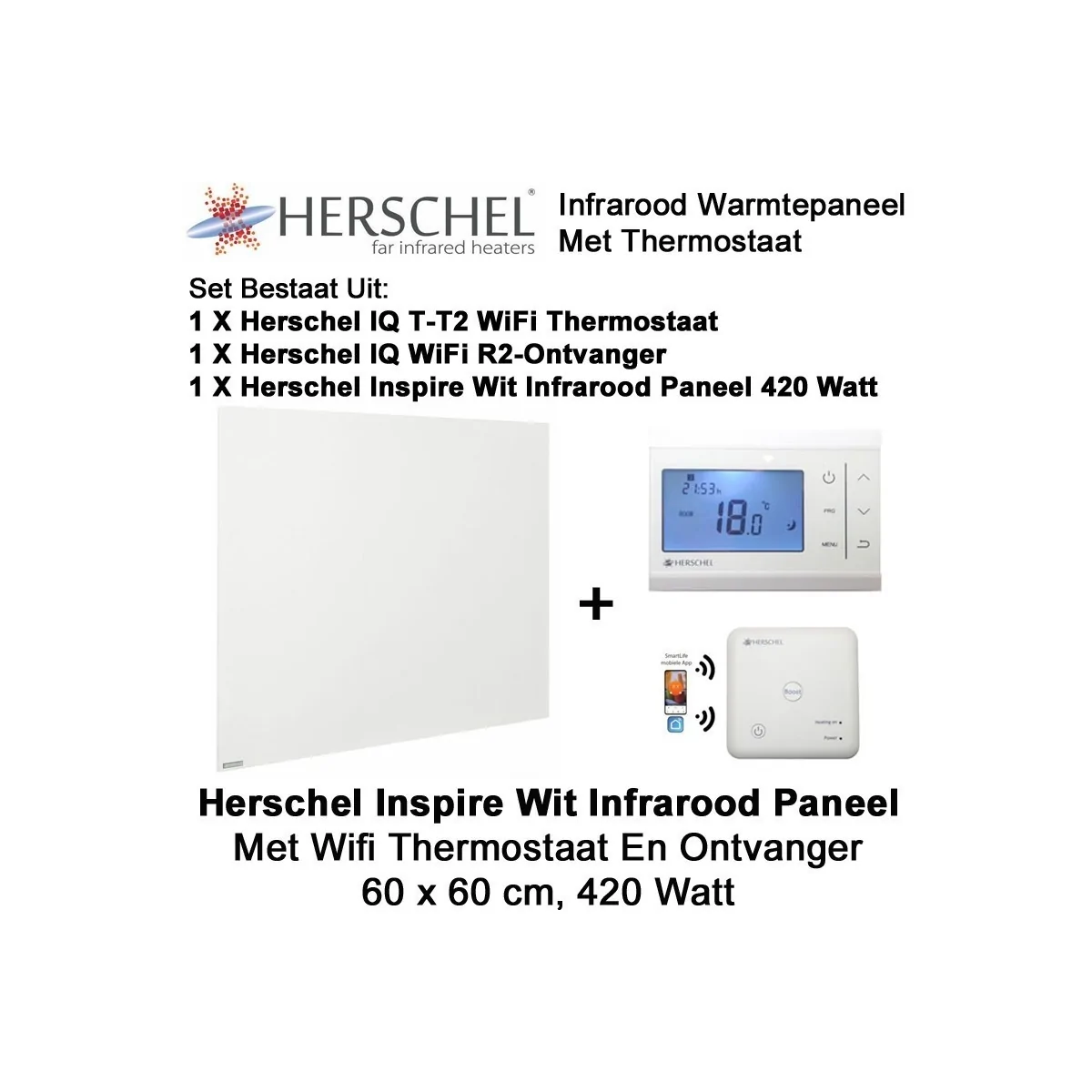Herschel Inspire wit infrarood paneel 420 Watt, 60 x 60 cm met thermostaat