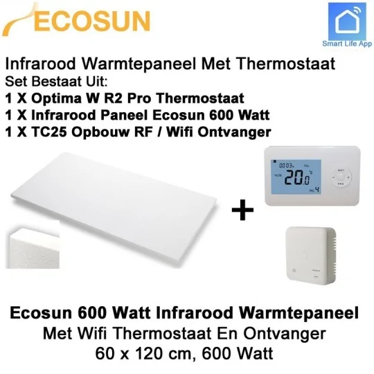 Ecosun Infrarood Paneel 600 W met WiFi draadloze thermostaat