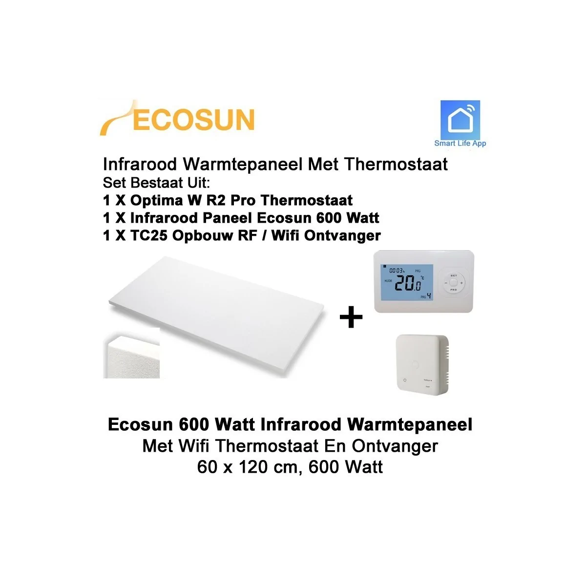 Ecosun Infrarood Paneel 600 W met WiFi draadloze thermostaat