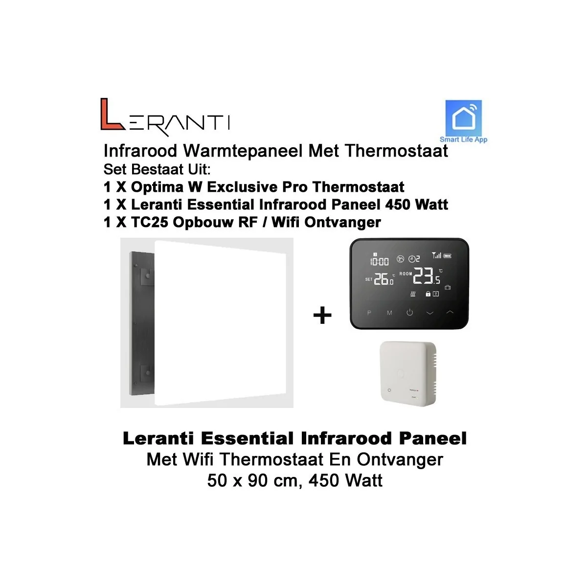 Leranti Essential 450 Watt infrarood paneel met Optima W Exclusive thermostaat en ontvanger